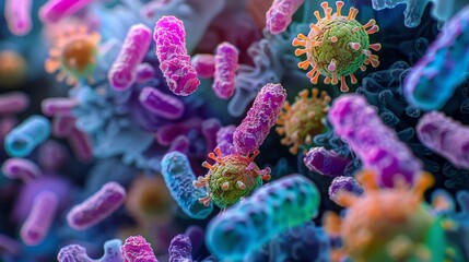 Naklejka premium A close-up view of a variety of colorful microorganisms, including bacteria and viruses, depicting the intricate details and vibrant colors in a microscopic sample environment.
