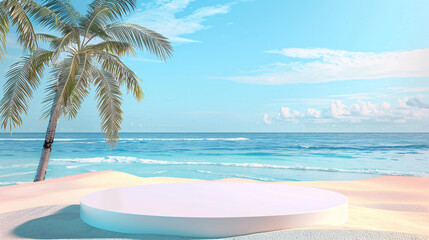 Fototapeta premium Beach podium summer background sand product 3D sea display platform. Beach podium summer banner stand scene sale sky holiday vacation stage water island sun travel pedestal promotion presentation ad