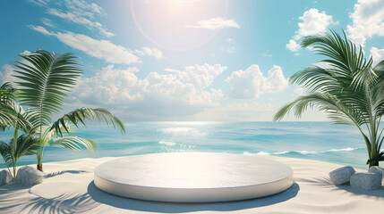 Fototapeta premium Beach podium summer background sand product 3D sea display platform. Beach podium summer banner stand scene sale sky holiday vacation stage water island sun travel pedestal promotion presentation ad