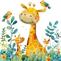 Naklejka premium Cute watercolor giraffes among fluttering birds in a colorful wildlife scene. Cute watercolor drawing for children's projects.