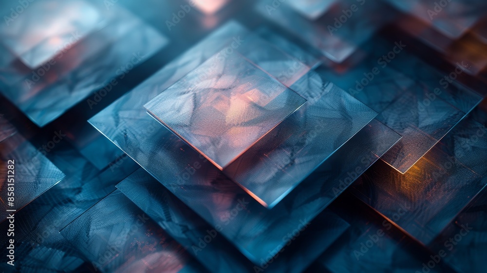 Poster abstract geometric stacked glass squares with intricate lighting effects create a visually engaging 