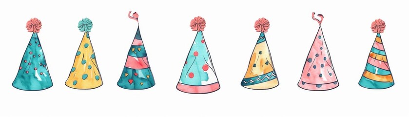 Colorful watercolor party hats in various designs, ideal for fun celebrations, birthdays, and festive decorations. Hand-drawn illustration.