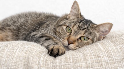 A grey tabby cat with green eyes rests on a rope scratching post
