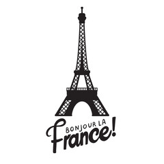 Eiffel Tower silhouette and handwritten text Bonjour La France! Black on white. Vector illustration. © Ольга Примачек
