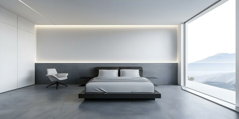 Contemporary Bedroom Design with Concrete Floor, LED Light Strip, Office Nook, and High-Tech Features. Concept Concrete Floor, LED Lighting, Office Nook, High-Tech Features, Contemporary Design