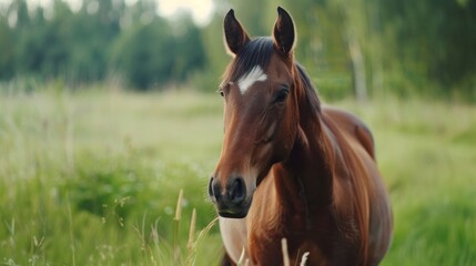 Fototapeta premium A brown horse is standing in a field of grass