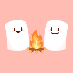 Marshmallow character. Marshmallow piece on skewer roasting on forest bonfire. bonfire vector. Marshmallow cartoon vector. 