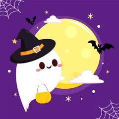 Fototapeta premium Cute ghost floating with Halloween pumpkin basket for Trick or Treat. Funny spooky boo character. Spook phantom with happy smiling face expression. Isolated kids flat vector illustration.