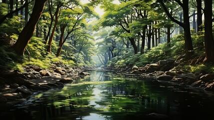 An artistic watercolor illustration of a serene river flowing through a dense forest, with reflections of trees and sky on the calm water. Illustration, Minimalism,