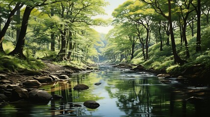 An artistic watercolor illustration of a serene river flowing through a dense forest, with reflections of trees and sky on the calm water. Illustration, Minimalism,
