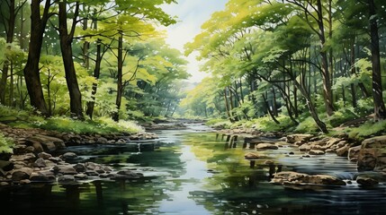 An artistic watercolor illustration of a serene river flowing through a dense forest, with reflections of trees and sky on the calm water. Illustration, Minimalism,