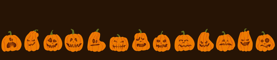 Cute orange scary pumpkins with Halloween faces. October 31st vector graphics. drawing. background for decoration for the holiday.