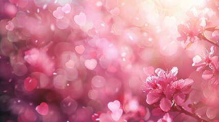 Blurred pink floral background with heart bokeh textures and light flare conveying love and Valentine s Day celebration