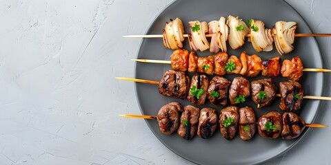 Top view of yakitori plate on plain background. Concept Food Photography, Yakitori, Top View, Plain Background, Culinary Art