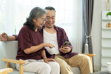 Senior couple use smartphone in social network and selfie with happy together