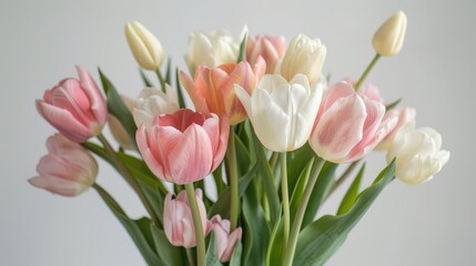 Fototapeta premium Bouquet of tulips in pink white and salmon colors on a white backdrop Celebrating holidays and women