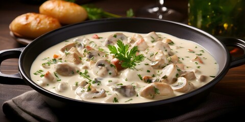 Classic French veal stew in creamy white sauce known as blanquette de veau. Concept French cuisine, Veal stew, Blanquette de veau, Creamy white sauce, Classic dish