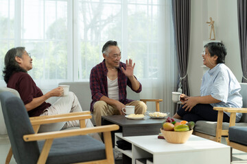 Happy Senior friends group meet and spend leisure time with happy in living room