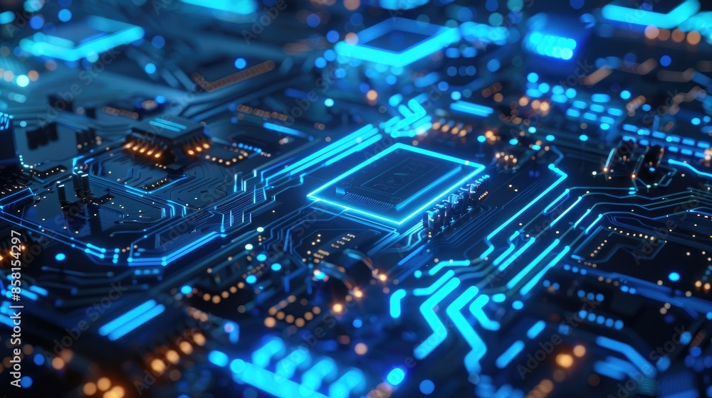 Poster futuristic blue digital circuit design, with glowing chip elements and abstract technology themes in
