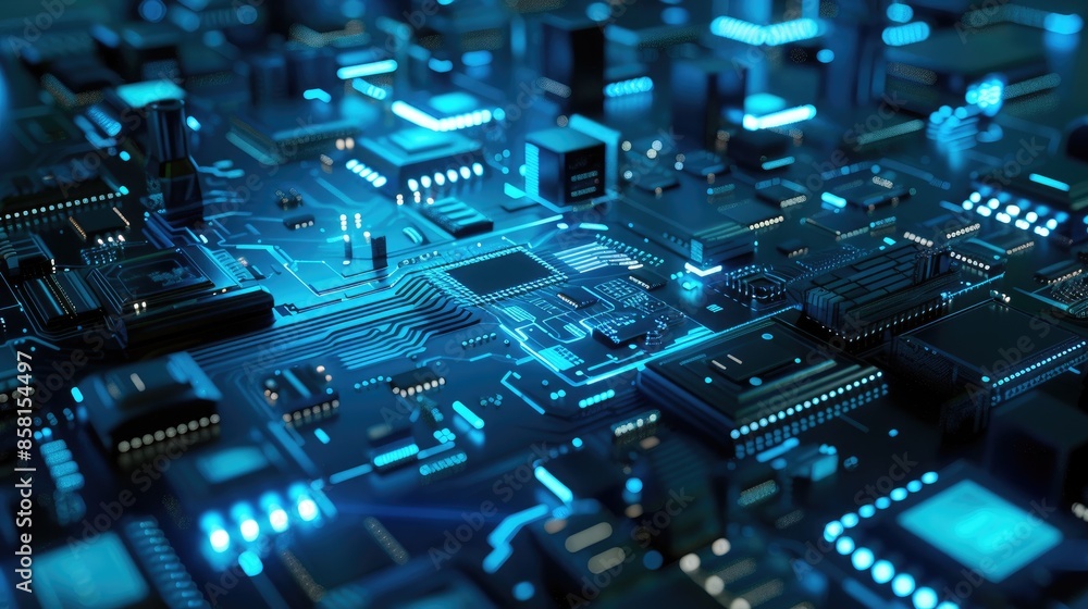 Poster futuristic blue digital circuit design, with glowing chip elements and abstract technology themes in