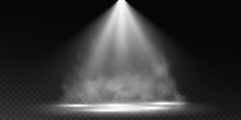 Dark stage on transparent background, white light from spotlight, empty dark stage and studio room with floating smoke. For product demonstrations.	