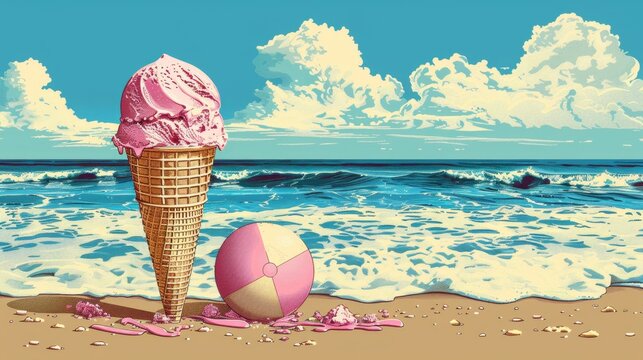 pop art beach scene, retro summer vibes with ice cream cones and beach balls on a hot sandy beach in a pop art scene - Powered by Adobe