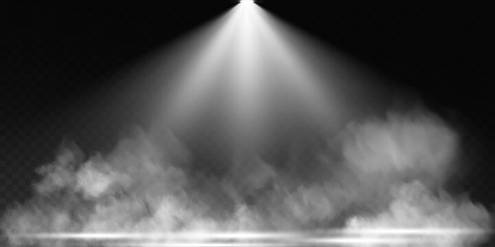 Dark stage on transparent background, white light from spotlight, empty dark stage and studio room with floating smoke. For product demonstrations.	