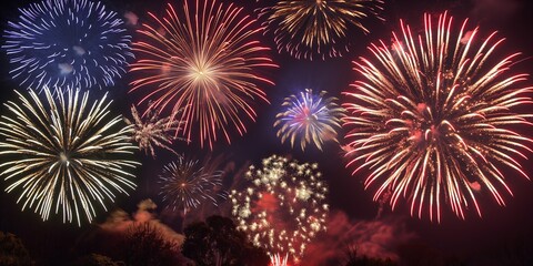 A vibrant spectacle of fireworks illuminating the night sky with brilliant colors and patterns, featuring a backdrop of silhouetted trees.