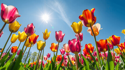 Fototapeta premium Field of tulips in full bloom with blue sky