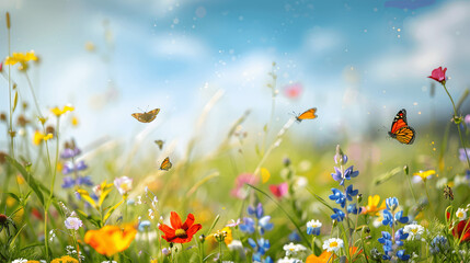 Summer meadow with wildflowers and butterflies