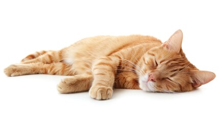 A single orange cat rests on a white background