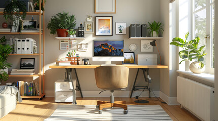minimalist home office, create an efficient and stylish scandinavian-themed workspace with a tidy desk, comfortable chair, and ample storage for maximum productivity