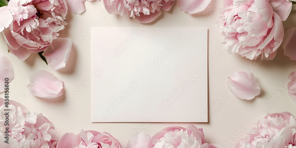 Wall mural Pink peonies frame on beige background with blank greeting card mockup. Concept Floral Photography, Blank Card Mockup, Peonies Frame, Beige Background, Greeting Card Template - Wall murals