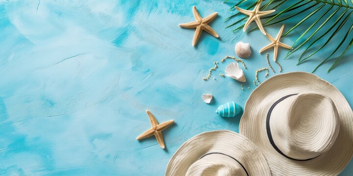 Tropical summer theme featuring starfish, seashells, palm leaves, and two straw hats on a painted blue backdrop.