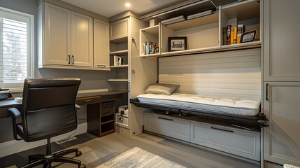 compact efficient home office with a built-in wall desk