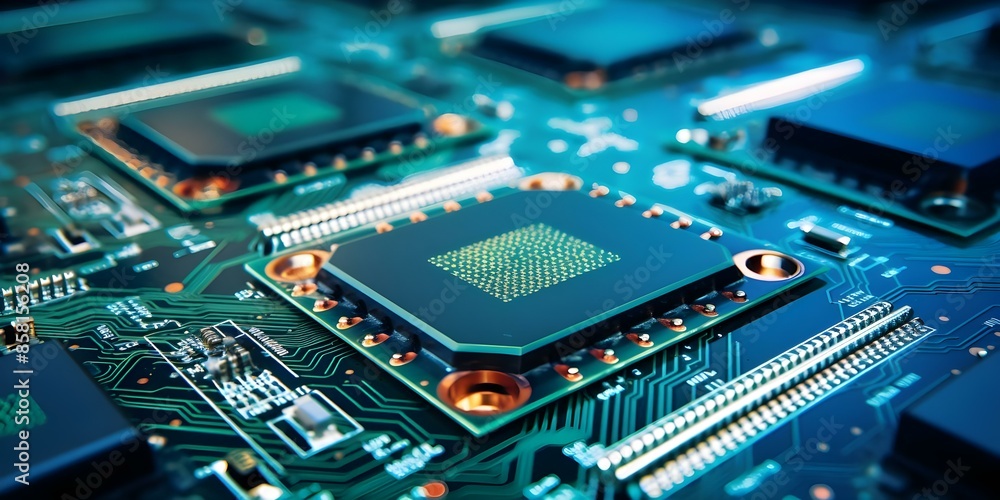 Poster microprocessors assembled in modern electronics factory with advanced technology and precision. conc