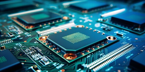 Fototapeta premium Microprocessors assembled in modern electronics factory with advanced technology and precision. Concept Electronics Manufacturing, Modern Assembly, Advanced Technology, Precision Engineering
