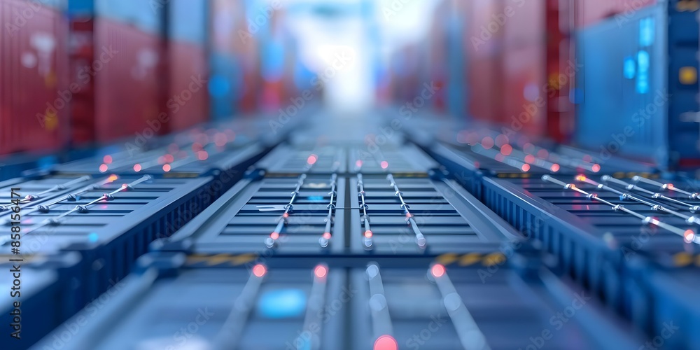 Poster digital network connects global trade routes through container terminals efficiently. concept global