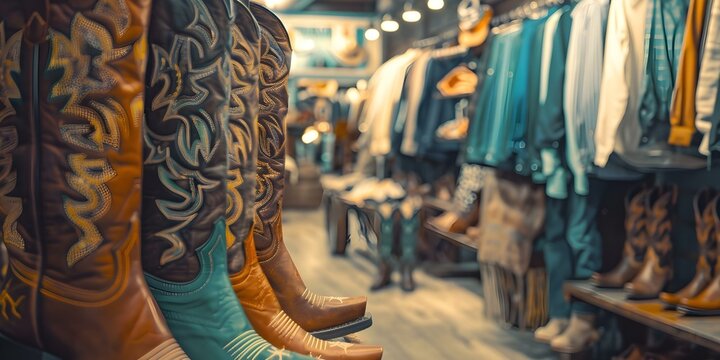 Cowboy boots and retro clothing on display at Moon Zoom store. Concept Retro Fashion, Vintage Footwear, Western Style, Display Decor, Boutique Aesthetic