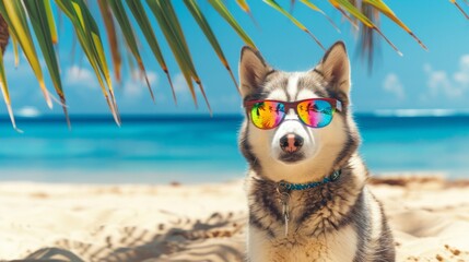Obraz premium Portrait of a Husky dog with sunglasses in tropical beach