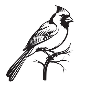 recommend clip art: Black and white vector illustration of a northern cardinal bird perched on a branch. Bird. Wildlife Animals.