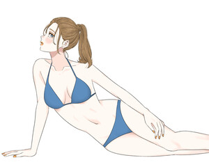 ビキニを着て座っているポニーテールの女性