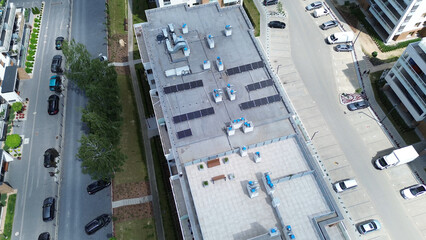 Top View of Solar Panels on Apartment Roof