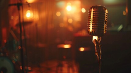 Retro microphone on stage with bokeh background, close up, copy space.