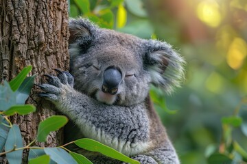 Obraz premium A sleepy koala bear hugging the trunk of a eucalyptus tree, with its eyes half-closed and one ear twitching