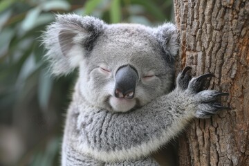 Fototapeta premium A sleepy koala bear hugging the trunk of a eucalyptus tree, with its eyes half-closed and one ear twitching