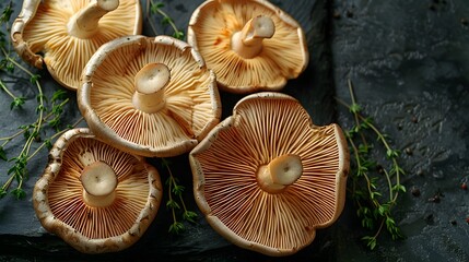 Fresh mushrooms on the table, arranged in an elegant display with one cut open to reveal its center and visible gills. The background is a dark gray stone for contrast against the brown cap.