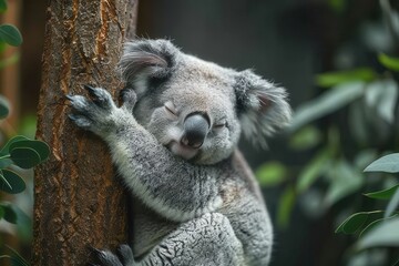 Obraz premium A sleepy koala bear hugging the trunk of a eucalyptus tree, with its eyes half-closed and one ear twitching