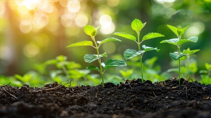Three Small Green Plants Growing in Dark Soil