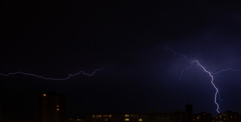 night lightning bolts, bolts over the city, lightning bolts